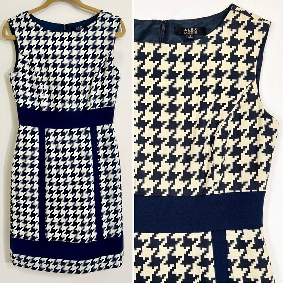 Alex Marie Dresses & Skirts - ALEX MARIE Sleeveless Navy Beige Houndstooth Midi Dress Size 4 Career Fall‎